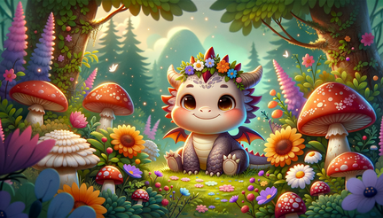 DALL·E 2023-10-30 13.02.43 - Wide illustration wallpaper of a charming little dragon with a chubby body and a cheerful expression, nestled among vibrant flowers and mushrooms in a