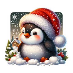 DALL·E 2023-11-03 11.19.38 - Square illustration depicting a small penguin with a luxuriously plush red and white Santa hat, its orange beak slightly open as if in mid-chirp, surr