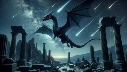 DALL·E 2023-10-27 20.18.32 - Digital render of a sleek black dragon flying amidst a starry night sky, with meteors streaking past, and ancient ruins visible below