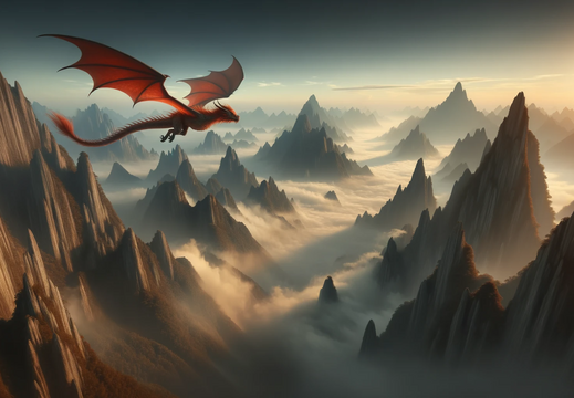 DALL·E 2023-10-30 10.12.45 - Wide illustration wallpaper of a fiery red dragon gliding gracefully over a series of jagged mountain peaks, with misty clouds enveloping the valleys 