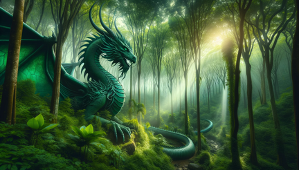 DALL·E 2023-10-30 10.14.39 - Wide photo wallpaper of a majestic green dragon nestled among the dense trees of a verdant forest, with rays of sunlight filtering through the canopy