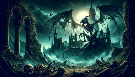DALL·E 2023-10-30 12.37.47 - Wide illustration wallpaper of a chilling skeletal dragon with tattered wings, perched on the ruins of an ancient castle, surrounded by a thick, eerie