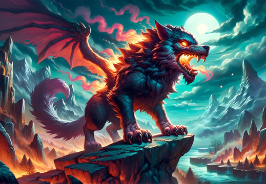 DALL·E 2023-10-30 14.05.58 - Wide illustration wallpaper of a growling dragon-dog, with fiery eyes and smoke rising from its nostrils, poised on a rocky outcrop overlooking a myst