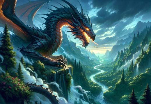 DALL·E 2023-10-30 14.15.51 - Wide illustration wallpaper of a powerful dragon, with glowing eyes and a trail of mist following its path, perched on a cliff overlooking a lush fore