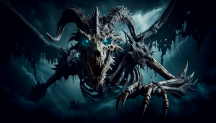 DALL·E 2023-10-31 15.12.59 - Wide photo wallpaper of a menacing undead dragon, its skeletal form casting long shadows, with patches of decaying flesh and glowing blue eyes, set ag
