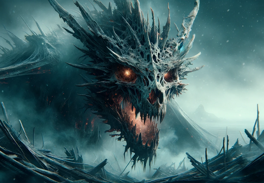 DALL·E 2023-10-31 15.17.39 - Wide photo wallpaper of a haunting undead dragon, its skeletal structure visible amidst tattered remnants of scales, eyes burning with a ghostly fire,