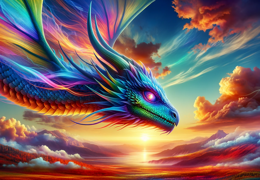 DALL·E 2023-10-31 15.35.48 - Wide photo wallpaper of a stunning chromatic dragon, its scales transitioning seamlessly through a spectrum of vibrant colors, eyes sparkling with mul
