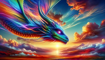 DALL·E 2023-10-31 15.35.48 - Wide photo wallpaper of a stunning chromatic dragon, its scales transitioning seamlessly through a spectrum of vibrant colors, eyes sparkling with mul