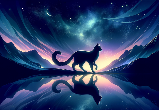 DALL·E 2023-10-30 14.33.47 - Wide illustration wallpaper of a shadowcat, its form gracefully posed, reflecting the ambient light of a starry night, set against an enchanting mount
