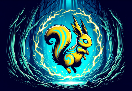 DALL·E 2023-11-03 12.46.01 - Wide wallpaper illustration of a stylized yellow squirrel with electric blue stripes, depicted in mid-jump, surrounded by a halo of crackling energy, 