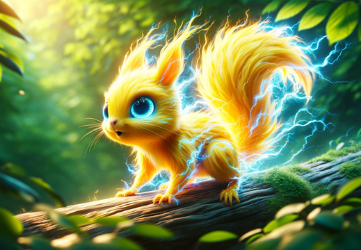 DALL·E 2023-11-03 12.48.39 - Wide wallpaper photo of a vibrant yellow squirrel with electric blue eyes, its fur crackling with electricity as it scurries along a branch in a lush 