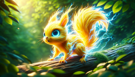 DALL·E 2023-11-03 12.48.39 - Wide wallpaper photo of a vibrant yellow squirrel with electric blue eyes, its fur crackling with electricity as it scurries along a branch in a lush 