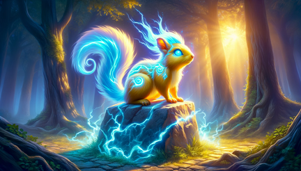 DALL·E 2023-11-03 12.52.30 - Wide wallpaper illustration of a fantastical electric yellow squirrel with striking blue streaks in its fur, radiating pulses of light energy as it pe