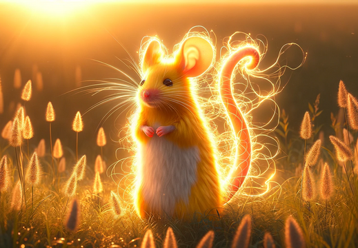DALL·E 2023-11-03 12.55.10 - Wide wallpaper photo of a bright yellow mouse with a fluffy tail, its body surrounded by a subtle electric aura as it stands on its hind legs in a fie