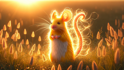 DALL·E 2023-11-03 12.55.10 - Wide wallpaper photo of a bright yellow mouse with a fluffy tail, its body surrounded by a subtle electric aura as it stands on its hind legs in a fie