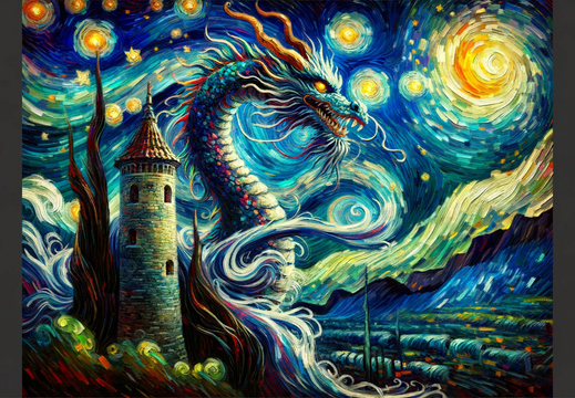 DALL·E 2023-11-07 10.43.42 - Create an image of a dragon in a style reminiscent of Vincent Van Gogh, with swirling starry skies and vibrant colors. The dragon is coiled around an 