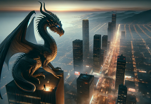 DALL·E 2023-11-07 10.44.48 - Envision a wallpaper featuring a dragon in a gritty, realistic style akin to the video game Grand Theft Auto V. The dragon perches atop a skyscraper, 