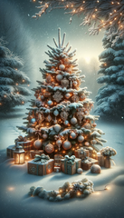 DALL·E 2023-11-07 12.34.17 - Create a portrait image featuring a snow-covered Christmas tree in a serene outdoor setting. The tree should be lavishly decorated with a mix of ornat
