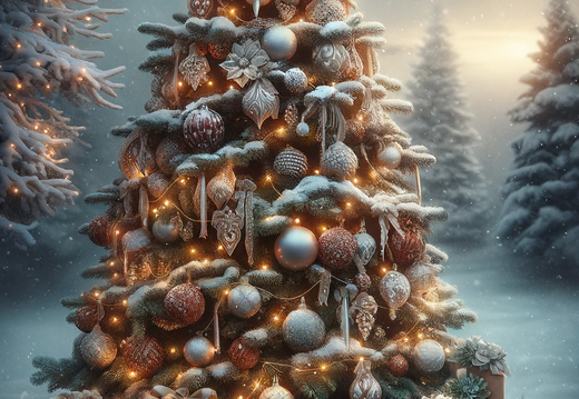 DALL·E 2023-11-07 12.34.21 - Create a portrait image featuring a snow-covered Christmas tree in a serene outdoor setting. The tree should be lavishly decorated with a mix of ornat