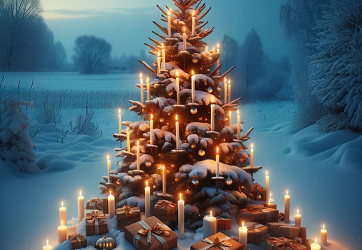 DALL·E 2023-11-07 12.41.39 - Design a portrait image of a snowy Christmas tree set in a peaceful outdoor landscape. The tree should be adorned exclusively with lit candles secured