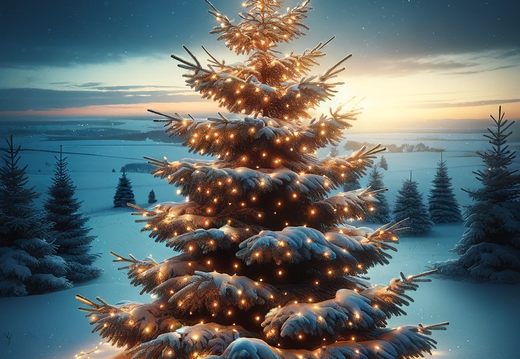DALL·E 2023-11-07 13.41.02 - Create a portrait image of an elegant spruce tree in a winter setting, gently illuminated by fairy lights. The tree should be the focal point, with th