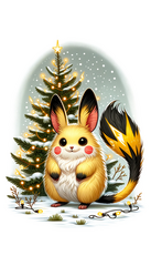 DALL·E 2023-11-07 13.43.27 - Create a portrait image of a winter scene with a snowy spruce tree adorned with fairy lights. Below the tree, add a small, chubby, rodent-like fantasy