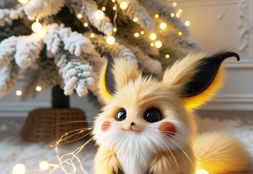 DALL·E 2023-11-07 13.47.46 - A snowy Christmas tree adorned with a string of soft white fairy lights. Below the tree, a small, chubby, fantastical rodent-like creature sits. This 