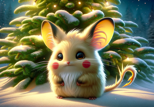 DALL·E 2023-11-07 14.22.58 - A snowy winter Christmas scene as a wallpaper featuring a lush, green spruce tree lightly dusted with snow. Beneath the tree, a small, chubby rodent-l