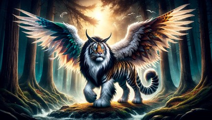 DALL·E 2023-11-07 14.23.52 - Create a wallpaper featuring an imaginative creature called a bi-cat-zud. This creature has the body of a sturdy bison with fluffy white and black fur