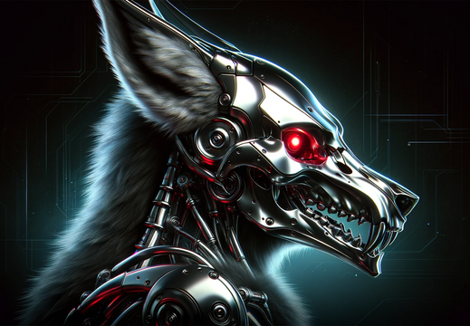 DALL·E 2023-11-10 13.56.56 - A widescreen wallpaper showcasing a side view of a metallic wolf skull with glowing red eyes and fur on the ears, set against a dark, futuristic backd