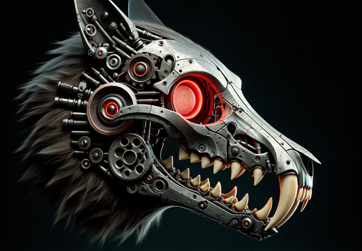 DALL·E 2023-11-10 15.45.34 - A 16 9 wallpaper featuring a side view of a wolf skull made from a combination of metal and bone, with pronounced long fangs. The skull's eyes are des