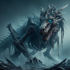 DALL·E 2023-10-31 15.11.56 - Photo of an undead dragon, its skeletal form looming large, with remnants of decayed flesh hanging loosely, eyes glowing a chilling blue, set in a des