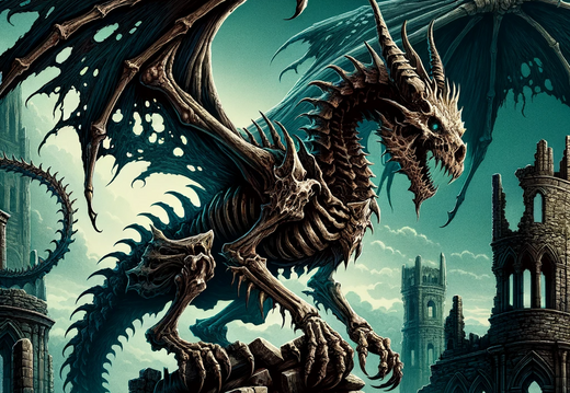 DALL·E 2023-10-31 15.12.02 - Illustration of an undead dragon, its bony structure intricate, with tattered wings, emanating an aura of ancient malevolence, perched atop ruins of a